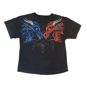 Vintage Men's Black Dragon Graphic T Shirt Fire Ice Mythical Fantasy Shirt‎